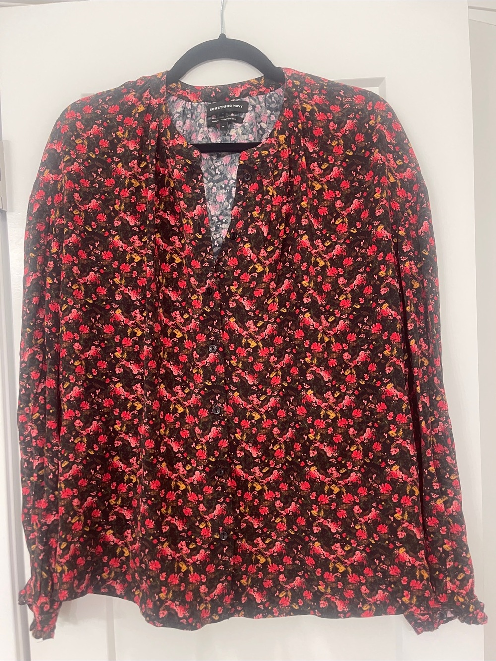 Something Navy Black Floral Button-Front Blouse with Pink and Yellow Accents